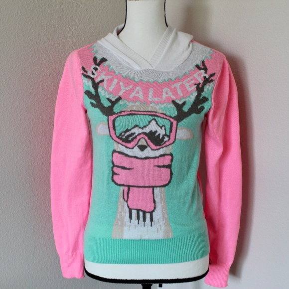 Bright Pink & Mint Green Deer Graphic Hooded Sweater - Picture 1 of 10